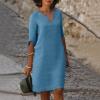BAXLIMEK Cotton Linen Dresses for Women,2023 Spring Summer Casual Loose V Neck 3/4 Sleeve Midi Dress,Trendy Elegant Plain Boho Beach Dress Hawaiian Vacation Resort Outfits(E-Light Blue,L) view 2