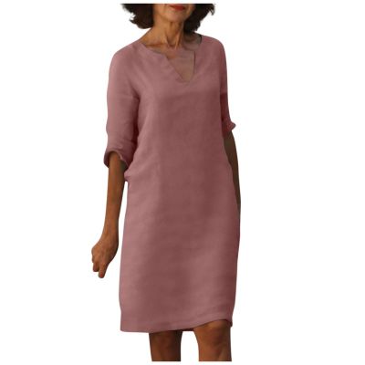 BAXLIMEK Cotton Linen Dresses for Women,2023 Spring Summer Casual Loose V Neck 3/4 Sleeve Midi Dress,Trendy Elegant Plain Boho Beach Dress Hawaiian Vacation Resort Outfits(E-Pink,L)