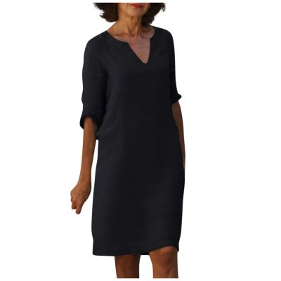 BAXLIMEK Cotton Linen Dresses for Women,2023 Spring Summer Casual Loose V Neck 3/4 Sleeve Midi Dress,Trendy Elegant Plain Boho Beach Dress Hawaiian Vacation Resort Outfits(E-Black,XL)
