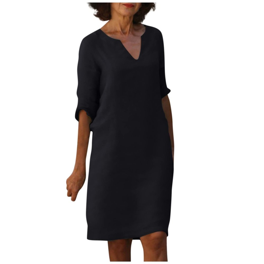 BAXLIMEK Cotton Linen Dresses for Women,2023 Spring Summer Casual Loose V Neck 3/4 Sleeve Midi Dress,Trendy Elegant Plain Boho Beach Dress Hawaiian Vacation Resort Outfits(E-Black,XL)