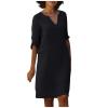 BAXLIMEK Cotton Linen Dresses for Women,2023 Spring Summer Casual Loose V Neck 3/4 Sleeve Midi Dress,Trendy Elegant Plain Boho Beach Dress Hawaiian Vacation Resort Outfits(E-Black,XL) view 1
