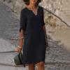 BAXLIMEK Cotton Linen Dresses for Women,2023 Spring Summer Casual Loose V Neck 3/4 Sleeve Midi Dress,Trendy Elegant Plain Boho Beach Dress Hawaiian Vacation Resort Outfits(E-Black,XL) view 2