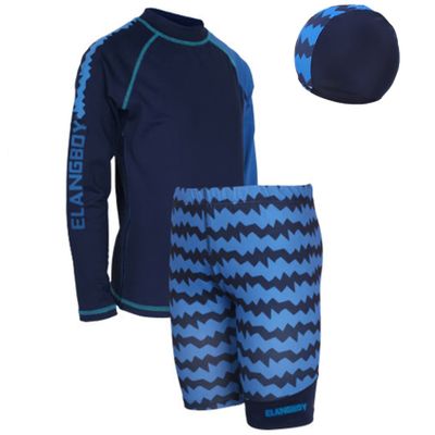 Daenrui Kids Boys Swimsuits UPF 50+ 2-Piece Swim Set Long Sleeve Rash Guard Shirt with Trunks Bathing Suit Blue+Hats 11-12 Years