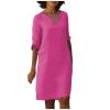 BAXLIMEK Cotton Linen Dresses for Women,2023 Spring Summer Casual Loose V Neck 3/4 Sleeve Midi Dress,Trendy Elegant Plain Boho Beach Dress Hawaiian Vacation Resort Outfits(E-Purple,M) view 1