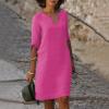 BAXLIMEK Cotton Linen Dresses for Women,2023 Spring Summer Casual Loose V Neck 3/4 Sleeve Midi Dress,Trendy Elegant Plain Boho Beach Dress Hawaiian Vacation Resort Outfits(E-Purple,M) view 2