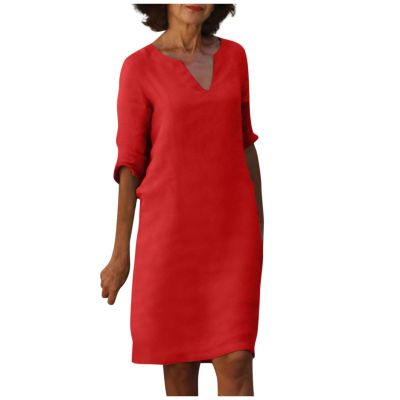 BAXLIMEK Cotton Linen Dresses for Women,2023 Spring Summer Casual Loose V Neck 3/4 Sleeve Midi Dress,Trendy Elegant Plain Boho Beach Dress Hawaiian Vacation Resort Outfits(E-Red,2XL)