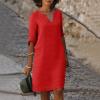 BAXLIMEK Cotton Linen Dresses for Women,2023 Spring Summer Casual Loose V Neck 3/4 Sleeve Midi Dress,Trendy Elegant Plain Boho Beach Dress Hawaiian Vacation Resort Outfits(E-Red,2XL) view 2