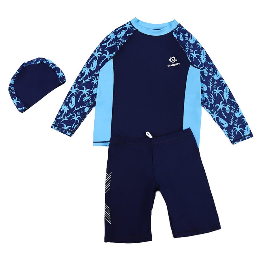 Daenrui Kids Boys Swimsuits UPF 50+ 2-Piece Swim Set Long Sleeve Rash Guard Shirt with Trunks Bathing Suit Navy+Hats 12-13 Years