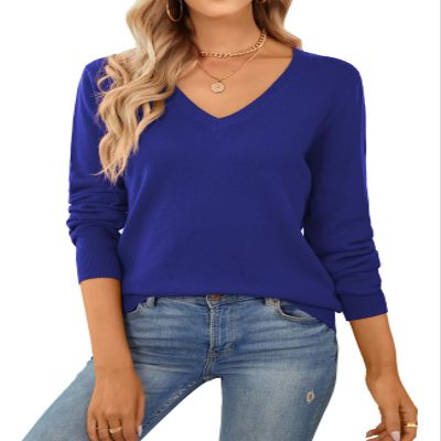 QUALFORT Women's 100% Cotton Sweater V Neck Long Sleeve Knitted Jumper Tops Royal Blue XX-Large