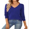QUALFORT Women's 100% Cotton Sweater V Neck Long Sleeve Knitted Jumper Tops Royal Blue XX-Large view 1