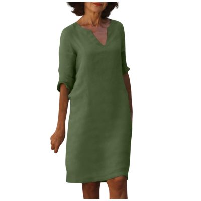BAXLIMEK Cotton Linen Dresses for Women,2023 Spring Summer Casual Loose V Neck 3/4 Sleeve Midi Dress,Trendy Elegant Plain Boho Beach Dress Hawaiian Vacation Resort Outfits(E-Army Green,XL)