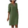 BAXLIMEK Cotton Linen Dresses for Women,2023 Spring Summer Casual Loose V Neck 3/4 Sleeve Midi Dress,Trendy Elegant Plain Boho Beach Dress Hawaiian Vacation Resort Outfits(E-Army Green,XL) view 1