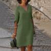 BAXLIMEK Cotton Linen Dresses for Women,2023 Spring Summer Casual Loose V Neck 3/4 Sleeve Midi Dress,Trendy Elegant Plain Boho Beach Dress Hawaiian Vacation Resort Outfits(E-Army Green,XL) view 2