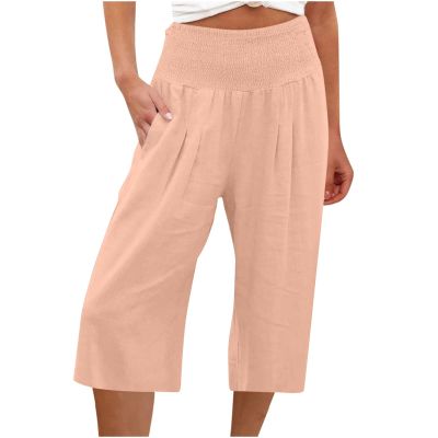 SMIDOW Womens Scrubs Pants Capri Pants Casual Summer Smocked Elastic High Waisted Linen Pant Solid Loose Wide Leg Capris Trousers