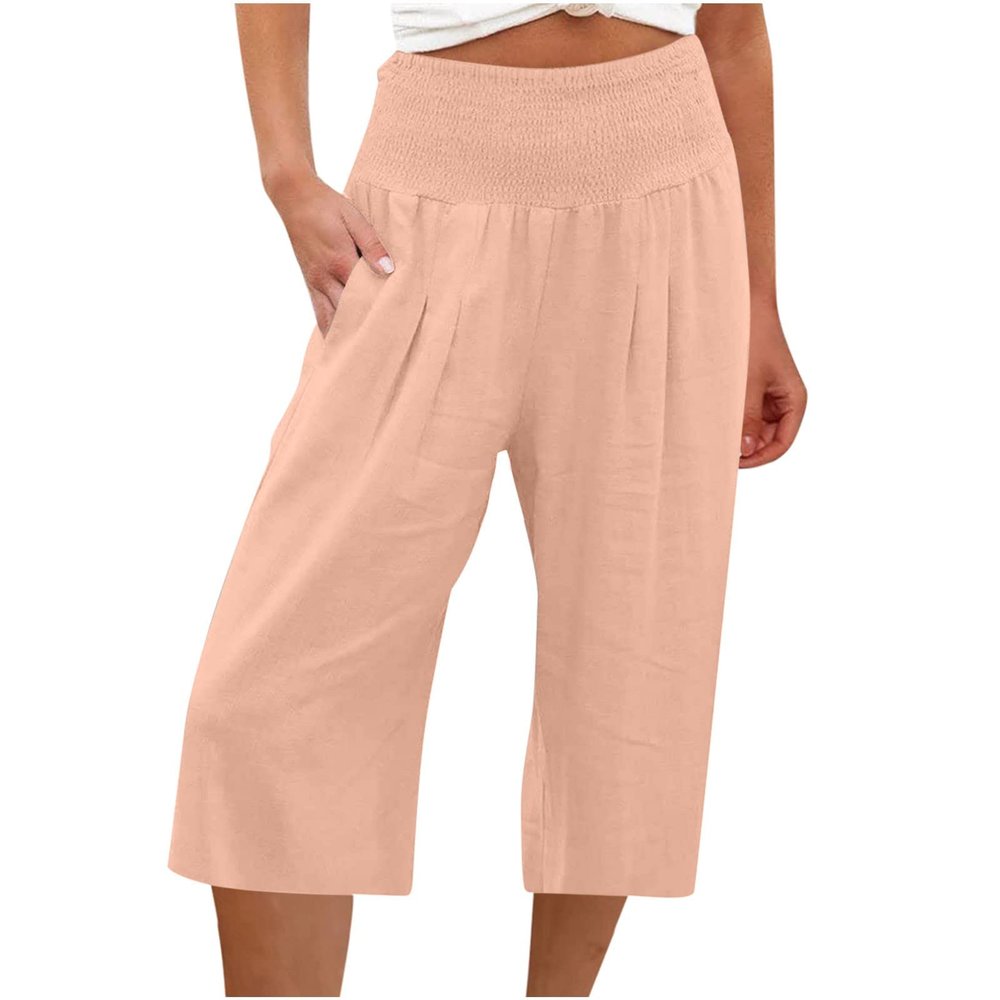 SMIDOW Womens Scrubs Pants Capri Pants Casual Summer Smocked Elastic High Waisted Linen Pant Solid Loose Wide Leg Capris Trousers