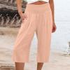 SMIDOW Womens Scrubs Pants Capri Pants Casual Summer Smocked Elastic High Waisted Linen Pant Solid Loose Wide Leg Capris Trousers view 2