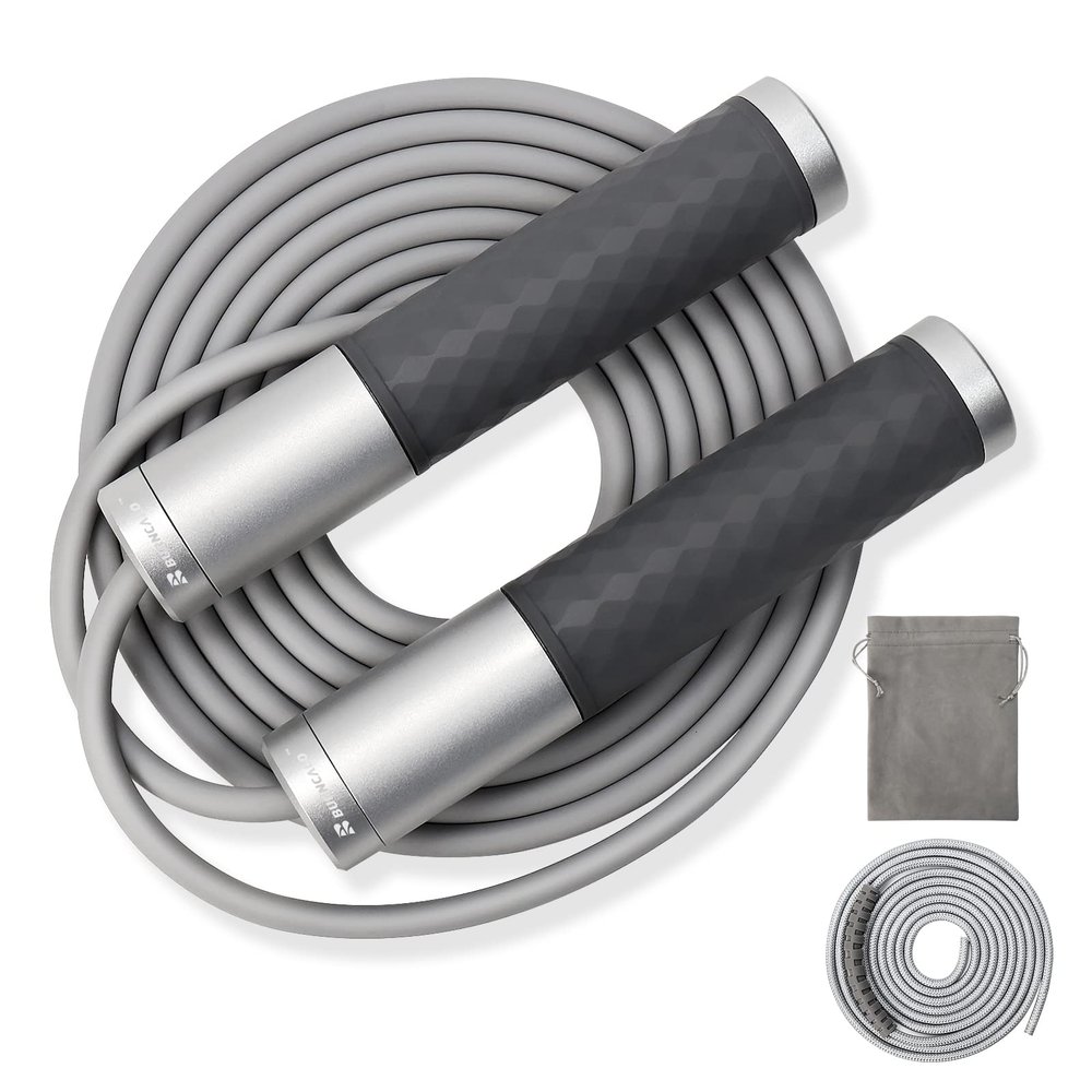 BURNCALO Weighted Jump Rope for Fitness, Skipping Rope for Men Women, Metal Heavy Handles, Ball bearings, Adjustable Length PVC Cord and Cotton Rope, Endurance Training Fitness Exercise Workout