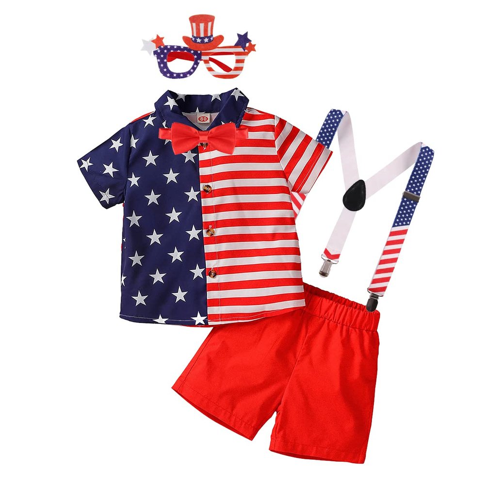 AWIBMK Baby Boys My First 4th of July Outfit Gentleman Necktie Shirt Stars Y Back Suspenders American Flag Stripes Shorts Independence Day Glasses Hat Patriotic Clothes Set Red Stars Stripe 6-7 Years