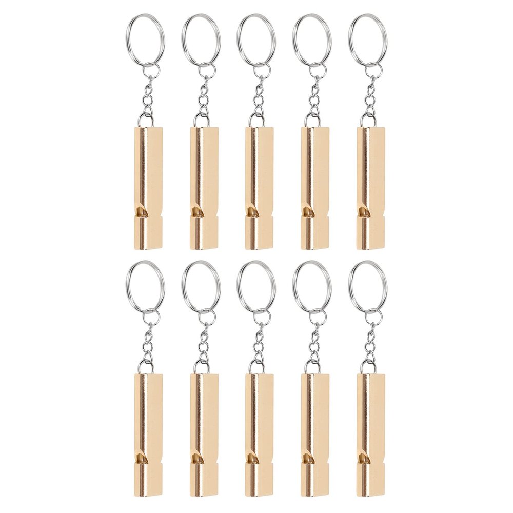 10Pcs Emergency Whistle, Aluminum Alloy Survival Whistles, Double Tube Loud Sound Lifeguard Safety Whistle with Keychain, Rescue Whistle for Outdoor Camping, Hiking, Dog Training (Gold)