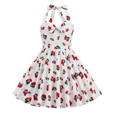 Vintage 1950s Dress Pattern Girls Halter Dress Retro 1950s Dresses Kids A line Swing Gown Girls Casual Sundress Toddler Party Dresses Sleeveless White Cherry 5-6 Years