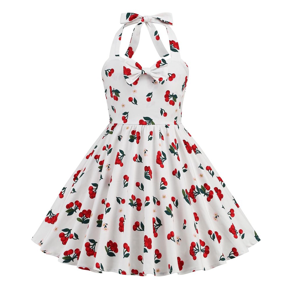 Vintage 1950s Dress Pattern Girls Halter Dress Retro 1950s Dresses Kids A line Swing Gown Girls Casual Sundress Toddler Party Dresses Sleeveless White Cherry 5-6 Years