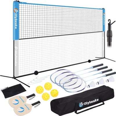 17FT Portable Pickleball Badminton Net Set Outdoor, Height Adjustable Multi Sports Net Set for Backyards Beach Driveway with 4 Aluminum Rackets, 2 Pickle Paddles and Carry Bag, Easy Set Up & Durable
