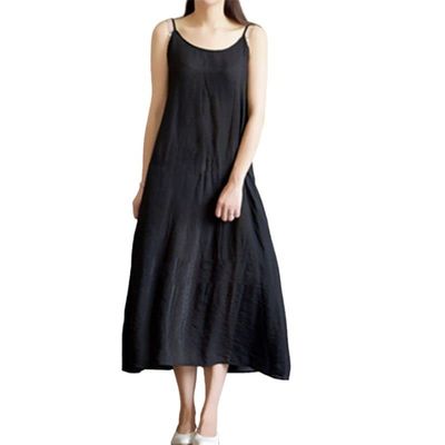 ZEEREE Women's Cotton Silk Full Slips Dress Long Under Dress Nightgowns Camisole Slip Dress Chemise Cami Dress Petticoat (Black-120CM, Large)
