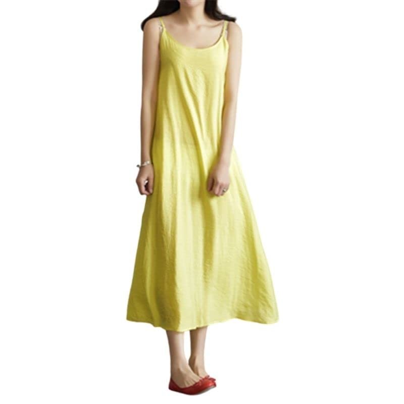 ZEEREE Women's Cotton Silk Full Slips Dress Long Under Dress Nightgowns Camisole Slip Dress Chemise Cami Dress Petticoat (Yellow-120CM, Large)