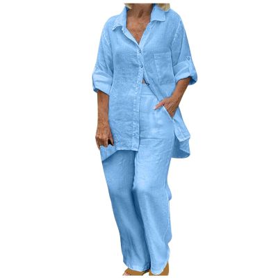 2 Piece Cotton Linen Outfits for Women Summer Dressy Business Work Suits Streetwear Button Down Tops and Pants Suit Blue