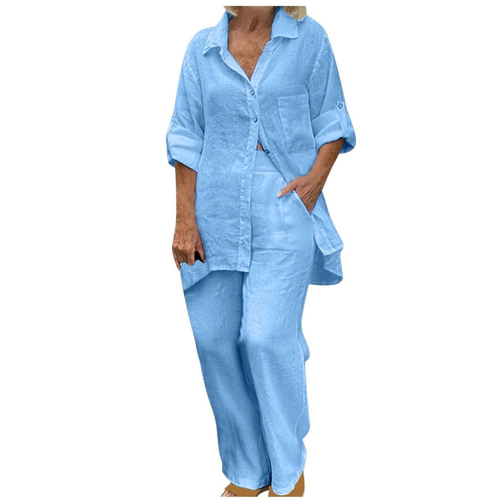 2 Piece Cotton Linen Outfits for Women Summer Dressy Business Work Suits Streetwear Button Down Tops and Pants Suit Blue