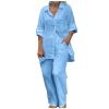 2 Piece Cotton Linen Outfits for Women Summer Dressy Business Work Suits Streetwear Button Down Tops and Pants Suit Blue view 1