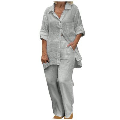 2 Piece Cotton Linen Outfits for Women Summer Dressy Business Work Suits Streetwear Button Down Tops and Pants Suit Gray