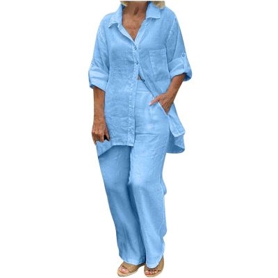 Lmdudan 2 Piece Cotton Linen Outfits for Women Summer Dressy Business Work Suits Streetwear Button Down Tops and Pants Suit Blue