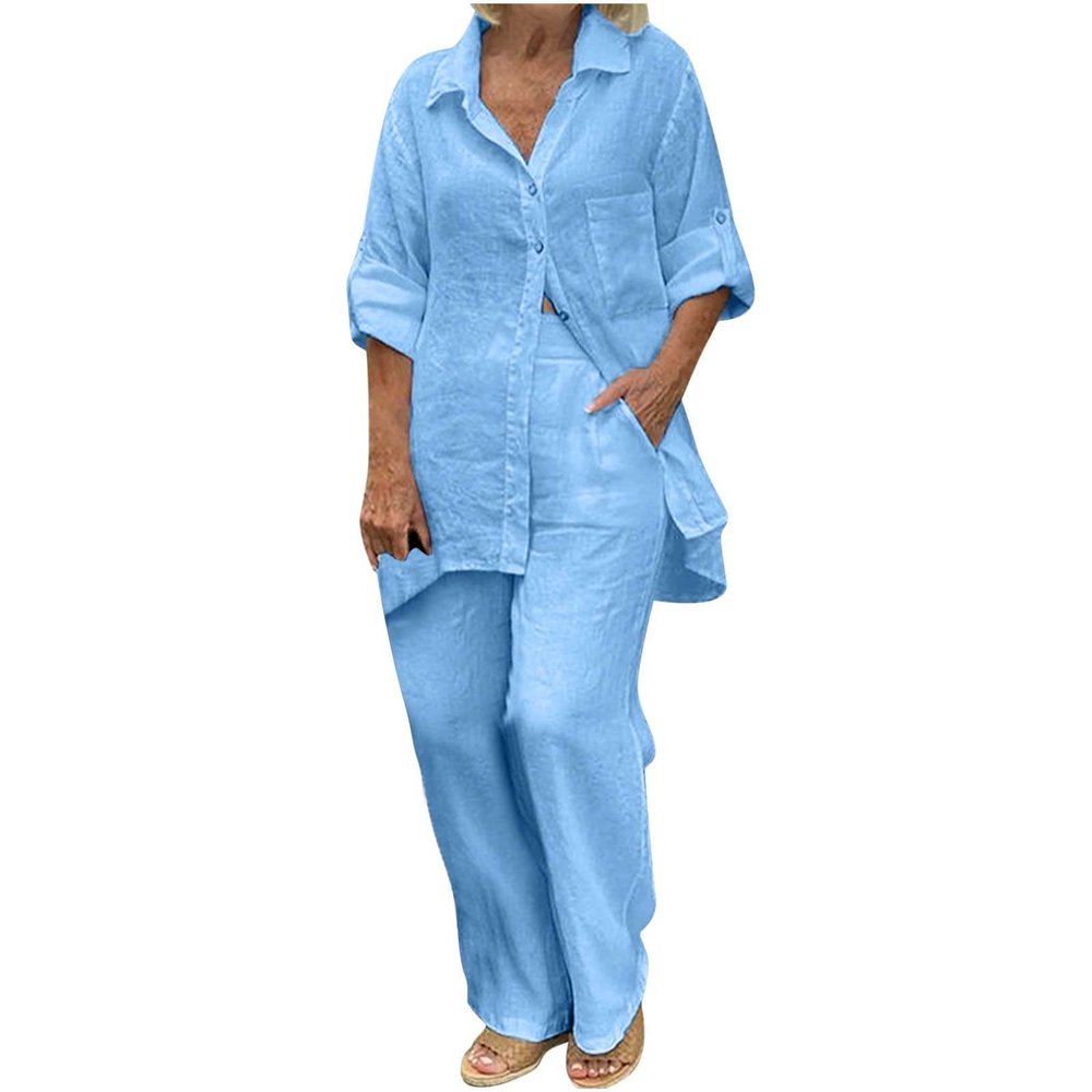 Lmdudan 2 Piece Cotton Linen Outfits for Women Summer Dressy Business Work Suits Streetwear Button Down Tops and Pants Suit Blue