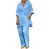 Lmdudan 2 Piece Cotton Linen Outfits for Women Summer Dressy Business Work Suits Streetwear Button Down Tops and Pants Suit Blue view 1