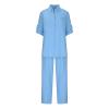 Lmdudan 2 Piece Cotton Linen Outfits for Women Summer Dressy Business Work Suits Streetwear Button Down Tops and Pants Suit Blue view 2