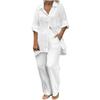 2 Piece Cotton Linen Outfits for Women Summer Dressy Business Work Suits Streetwear Button Down Tops and Pants Suit White view 1