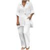 2 Piece Cotton Linen Outfits for Women Summer Dressy Business Work Suits Streetwear Button Down Tops and Pants Suit White view 1
