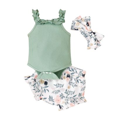 Nee Born Infant Girls Sleeveless Ruffles Ribbed Romper Bodysuit Floral Prints Shorts Headbands (Green, 6-9 Months)