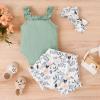 Nee Born Infant Girls Sleeveless Ruffles Ribbed Romper Bodysuit Floral Prints Shorts Headbands (Green, 6-9 Months) view 2