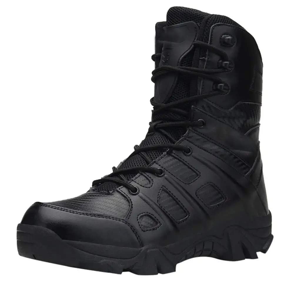 BORAMAX Men's Hiking Shoes Stealth Force Waterproof Black Tactical Boots, Men Leather Side Zip Military Combat Desert Boots