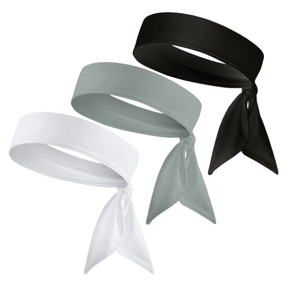 Moisture Wicking Stretch Sports Athletic Blank Tie Headband Head Tie 1, 2, 3, 4, or 5 Pack Options Sweatbands Headwrap Men Women Kids Girls Boys (1 White, 1 Black, & 1 Grey Headband)