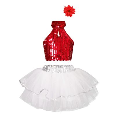 FEESHOW Kids Girls Sequined Rainbow Ballet Dance Tutu Dress Latin Jazz Performance Dancewear Costumes Red A 6-7 Years