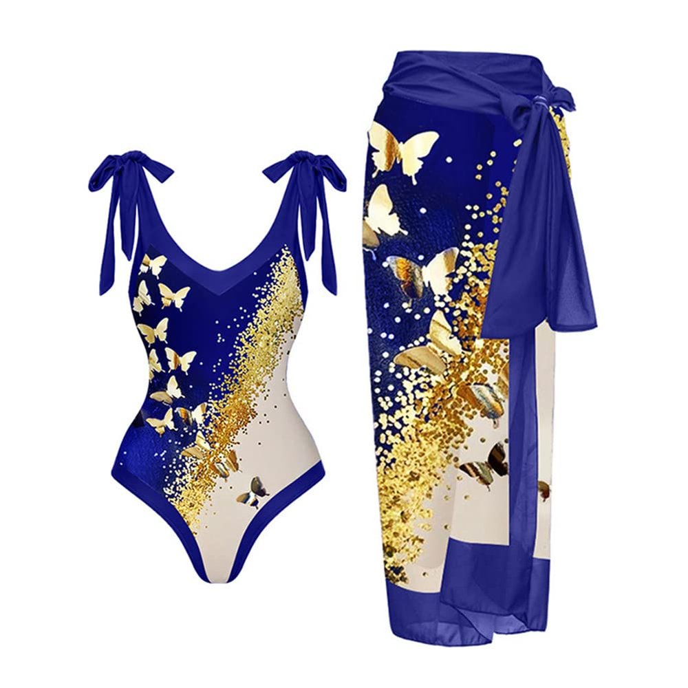 OBEEII Women Two Piece Swimsuit Tummy Control Monokini with Beach Cover up Wrap Skirt Floral Print Tummy Control Tankini Set 3012 XL
