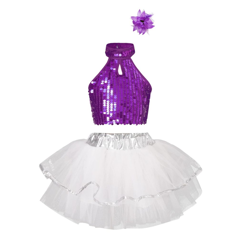 FEESHOW Kids Girls Sequined Rainbow Ballet Dance Tutu Dress Latin Jazz Performance Dancewear Costumes Lavender A 6-7 Years