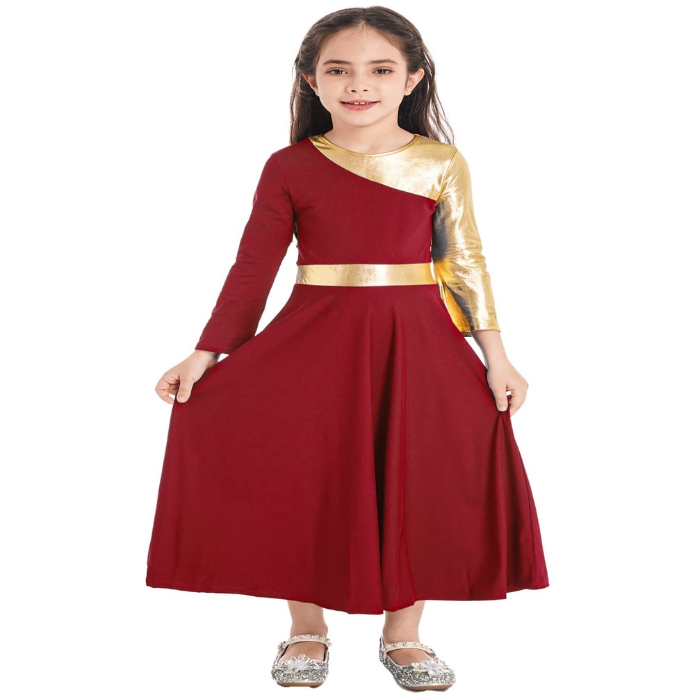 Shinsto Girls Metallic Gold Praise Dance Dress Liturgical Dancewear Loose Full Length Worship Costume Church Robe Red 14 Years