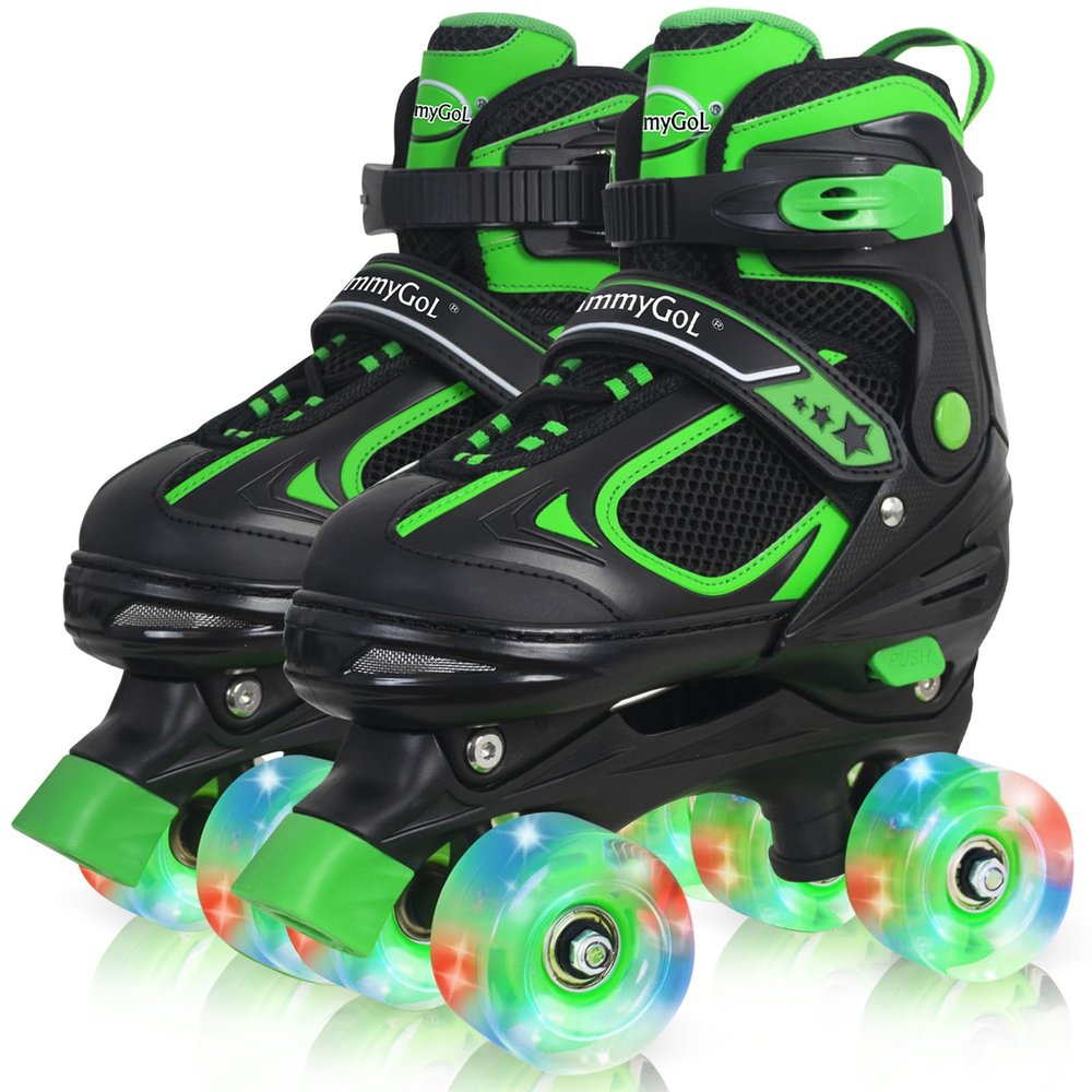 MammyGol Roller Skates for Boys Girls, 4 Sizes Adjustable Quad Skates for Kids with All Light up Wheels, Full Protection for Toddler's Indoor and Outdoor Play Green Size 10C 11C 12C 13C