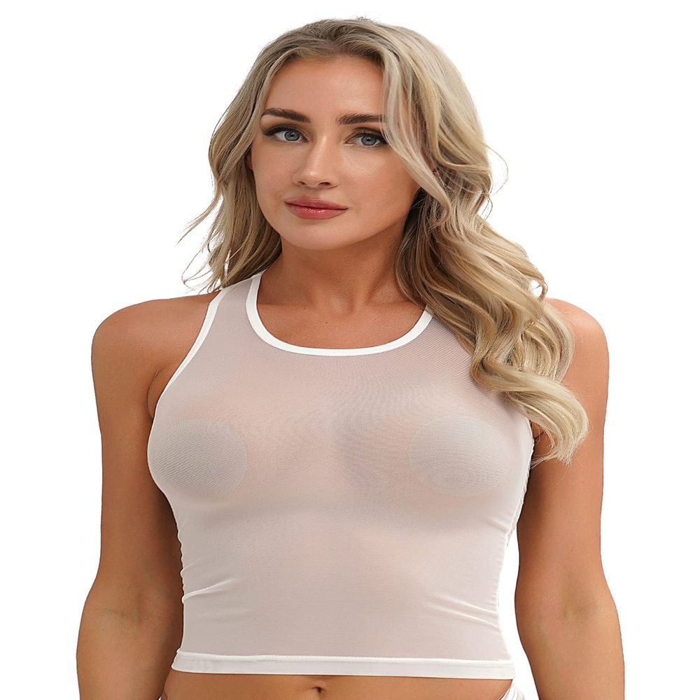 LiiYii Women's Mesh Crop Top Sleeveless Shirt Nylon Sheer Blouse U Neck Solid Color Undershirts White Large