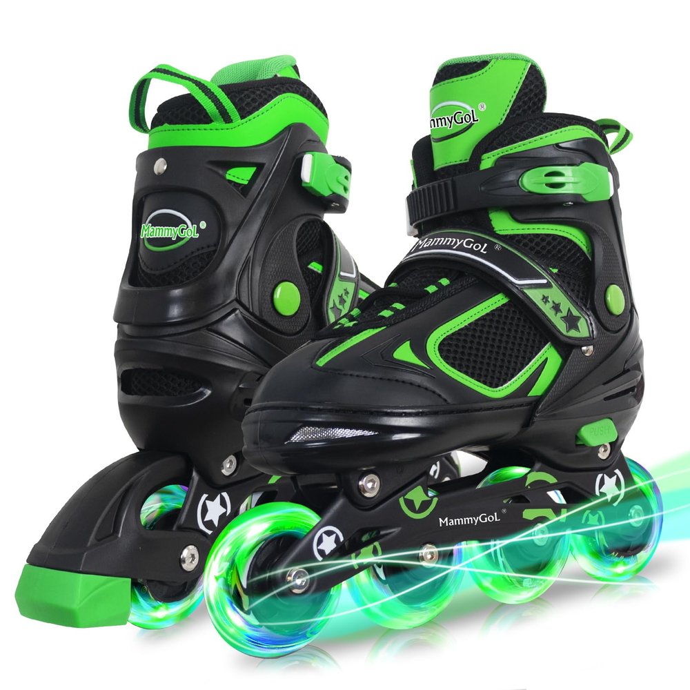 MammyGol Adjustable Inline Skates for Boys Girls Kids Youth with Light up Wheels, Green Beginner Blades Roller Skates for Boys Size 5 6 7 8 Ages 6-12