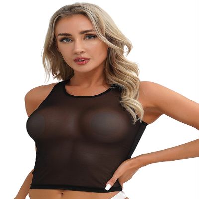 Freebily Women's U Neck Sleeveless Crop Tops See Through Mesh Racerback Tank Top Blouse Tee Shirt Black X-Large
